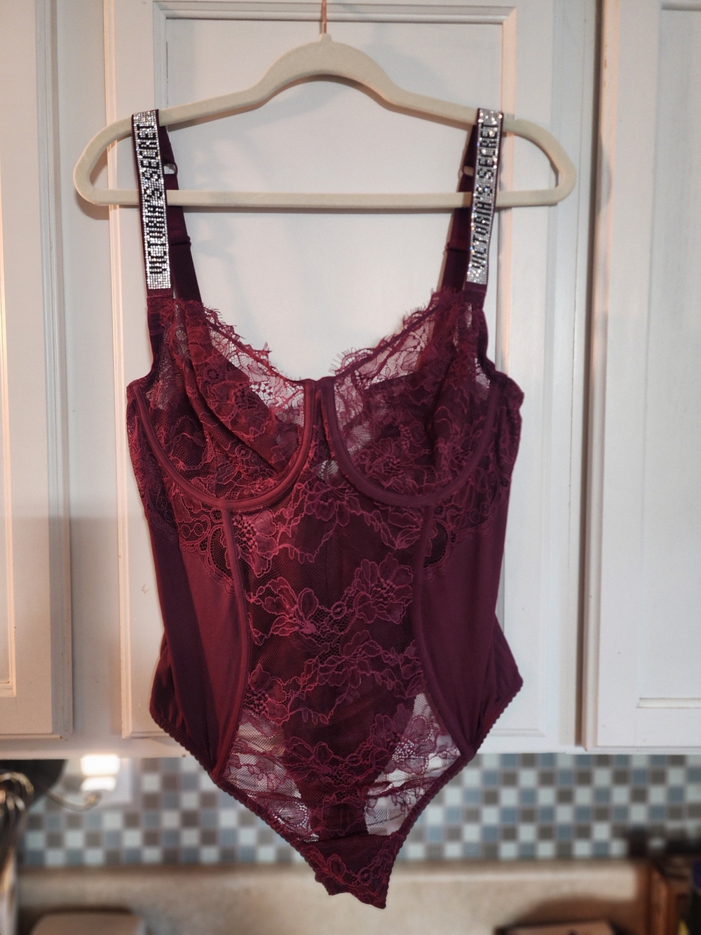 Victoria's Secret Burgundy Lace Bodysuit with Logo Embellished Straps